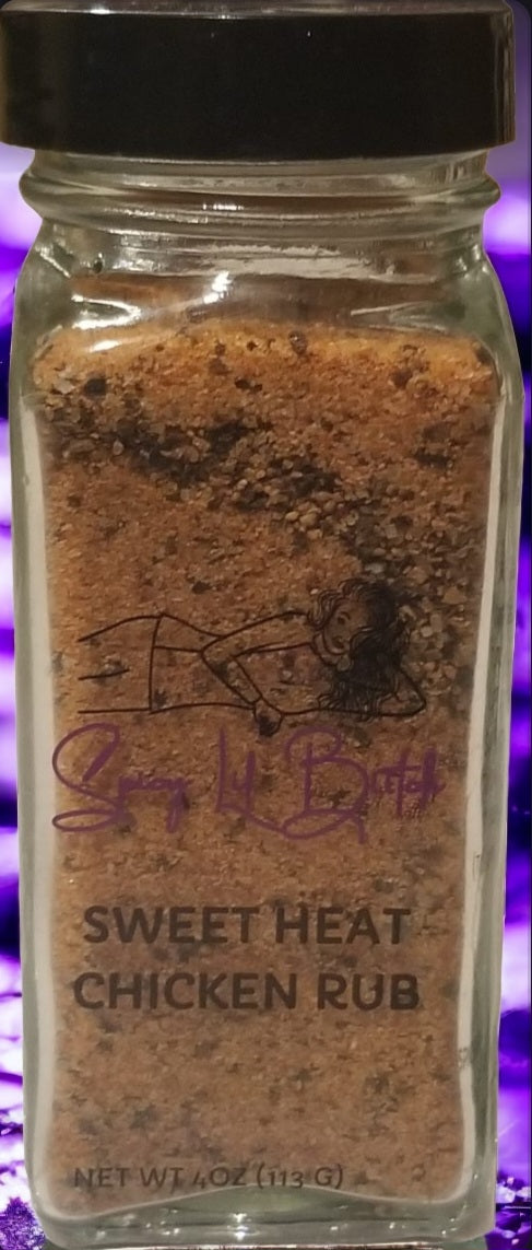 Sweet Heat Chicken Rub may have chicken on the label but it's so delicious you can use it on beef, pork, turkey, veal etc. It's all purpose. Whether you grill, bake or fry with it, it's one tasty rub/seasoning. No need to add salt. Simply shake it on food before cooking until you get the desired taste. Ingredients: Salt, paprika, garlic, sugar, turmeric, onion, sunflower oil 3oz of seasoning & comes in a reusable glass bottle. Spice level: Mild