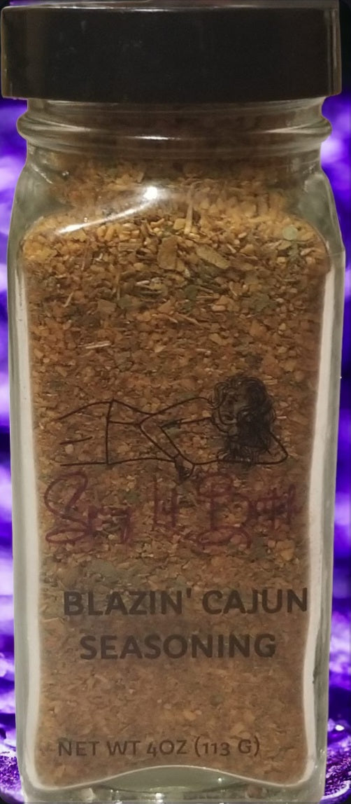 Blazin' Cajun Seasoning is so universal you can use it on anything. There's no salt in this seasoning so you can pour away on foods before cooking. Keep in mind that the more you pour the spicier it gets. If you like spicy food that is not over powering with heat this seasoning is for you. It's super flavorful & delicious.  Ingredients: Dehydrated vegetables  Spice Level: Medium  3oz of seasoning & comes in a reusable glass bottle.